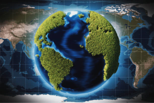 istock Stylized Earth globe with cartoony grass isolated on world map background 1070147912