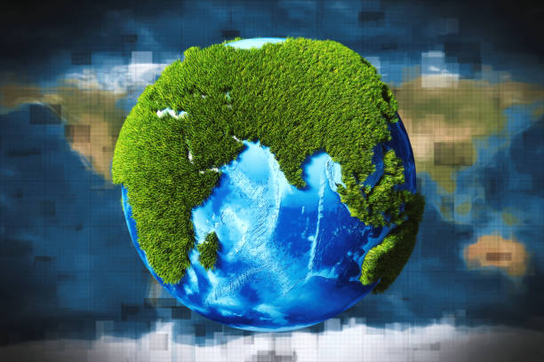 istock Stylized Earth globe with cartoony grass isolated on cubist world map 1070148050