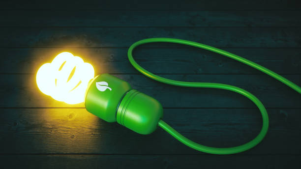 istock Lit abstract green energy light bulb glowing on hard wood floor 1070149788