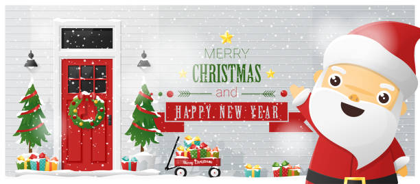 wesołych świąt i szczęśliwego nowego roku tło z zdobionymi drzwiami świątecznymi i świętego mikołaja , wektor , ilustracja - new year wall door decoration stock illustrations