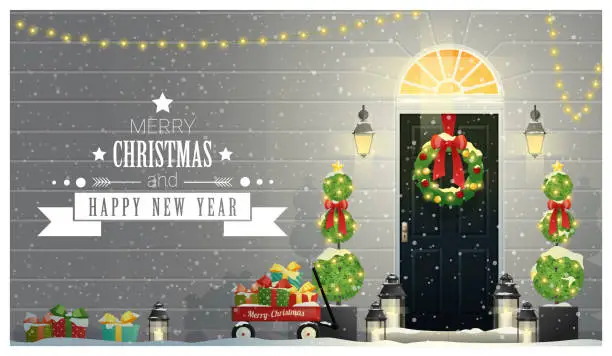Vector illustration of Merry Christmas and Happy New Year background with decorated Christmas front door , vector , illustration