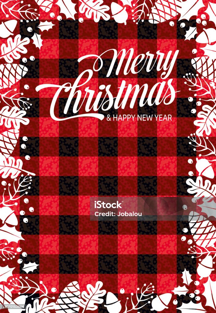 Holiday Greeting Poster Over Flannel Vector illustration of a beautiful and colourful Holiday Greeting Poster Over red dark seamless Flannel Frost stock vector