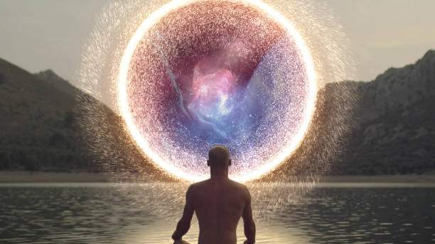 宇宙のエネルギーを人間オープニング ポータル、瞑想。 - horsehead nebula ストックフォトと画像