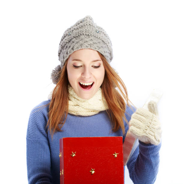 istock Happy young woman with Christmas present box 1070157788