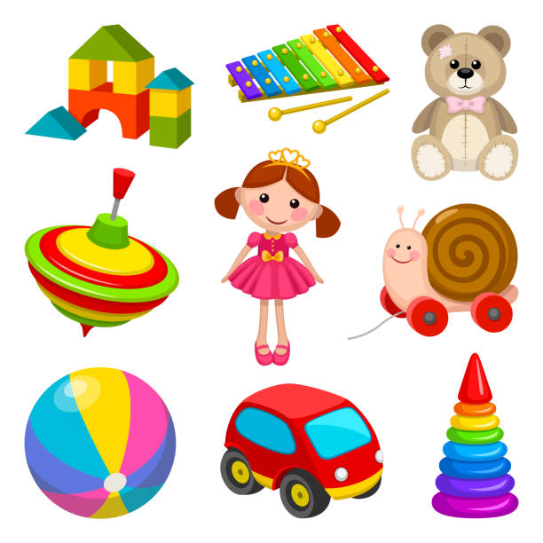 toys Illustrationen visar olika leksaker doll stock illustrations