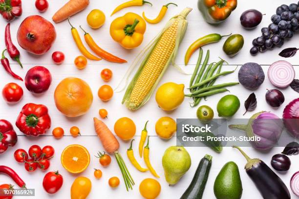 레인 보우 색상에 야채와 과일의 구성 채소에 대한 스톡 사진 및 기타 이미지 - 채소, 과일, 음식