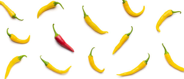 istock One red chilli pepper among yellow on white background. 1070166130