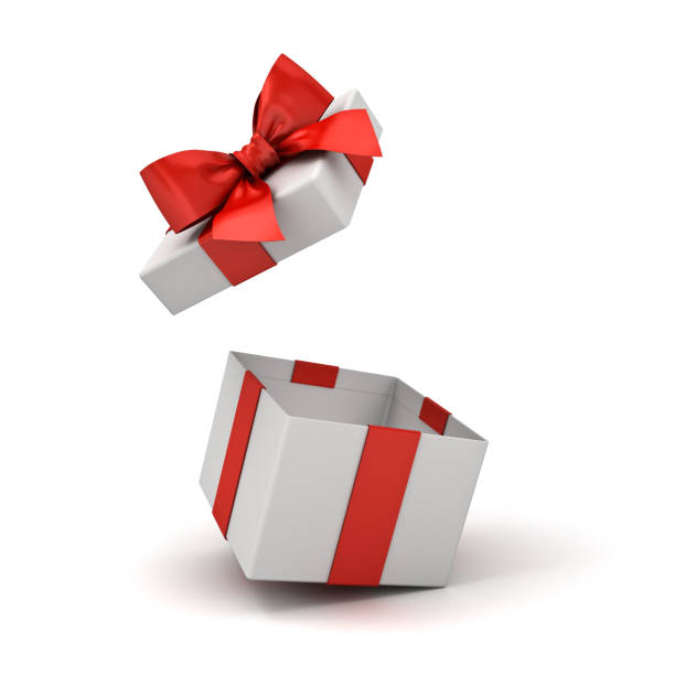 istock Open gift box or blank present box with red ribbon bow isolated on white background with shadows 3D rendering 1070167450