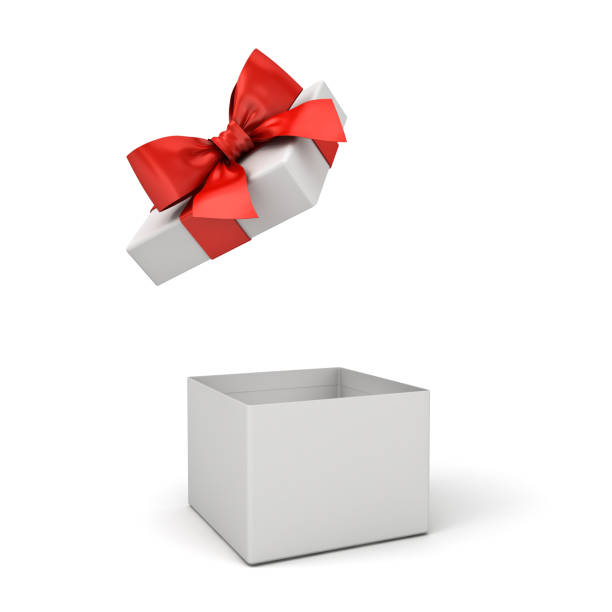 istock Open gift box or blank present box with red ribbon bow isolated over white background with shadows 3D rendering 1070167464