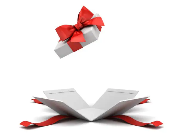 Open gift box or present box with red ribbon bow isolated on white background with shadow 3D rendering