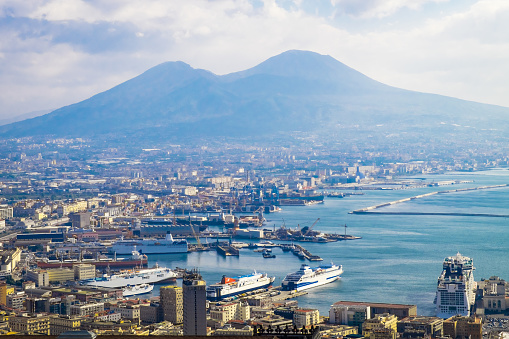 Napoli and mount Vesuvius in the background in a summer day, Italy, Naples, Campania