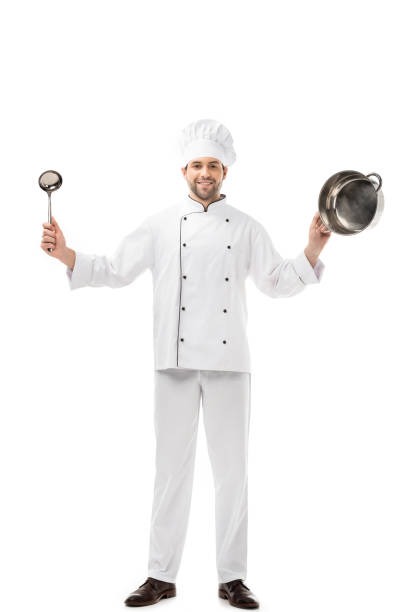 istock handsome smiling chef holding ladle and pan isolated on white 1070175738