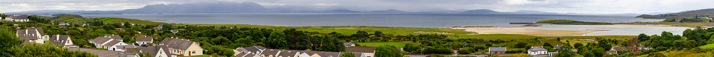 Panorama of Mountain and ocean landscape in Mulranny, Great Western Greenway trail, Ireland