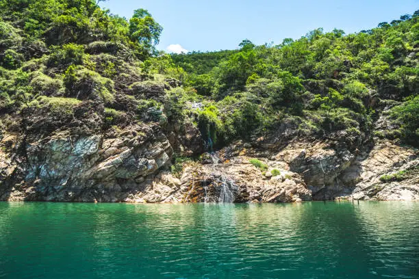 water passing through the vegetation on top of the rocks and falling on the lake