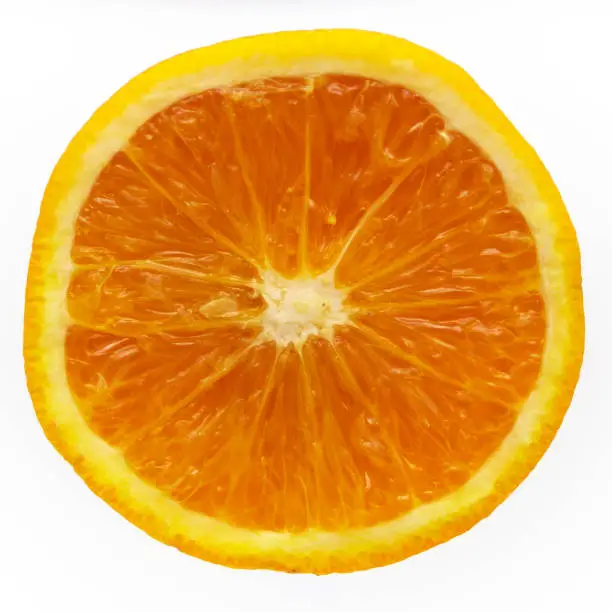Juicy slice of orange isolated on white, with clipping path