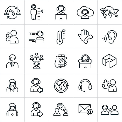 A set of icons related to the call service center industry. The icons include customer support representatives, CSR, online support, telephone support, phone calls, customers, headset, call center, communications, male and female CSRs, office cubicle, inbound and outbound phone calls, chat and email to name a few.