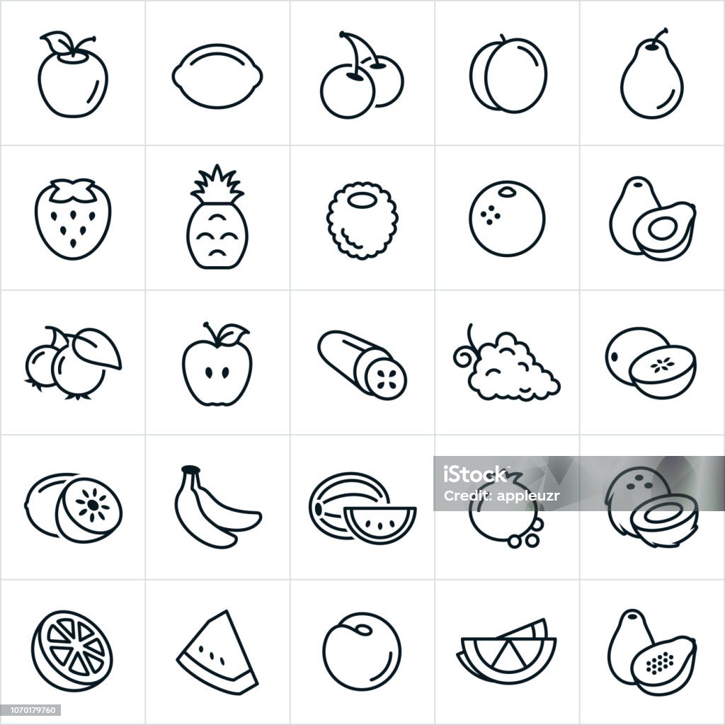 Fruit Icons A set of fruit icons. The icons include an apple, lemon, lime, cherries, peach, pear, strawberry, pineapple, raspberry, orange, avocado, blueberries, cucumber, grapes, cantaloupe, honeydew, bananas, watermelon, pomegranate, coconut, nectarine and papaya. Icon Symbol stock vector