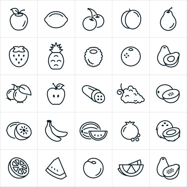 Fruit Icons A set of fruit icons. The icons include an apple, lemon, lime, cherries, peach, pear, strawberry, pineapple, raspberry, orange, avocado, blueberries, cucumber, grapes, cantaloupe, honeydew, bananas, watermelon, pomegranate, coconut, nectarine and papaya. avocado stock illustrations