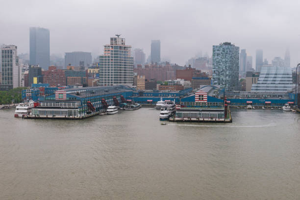 New York, United States - May 18, 2015: Chelsea Piers on a foggy morning on the West Side of Manhattan in New York City