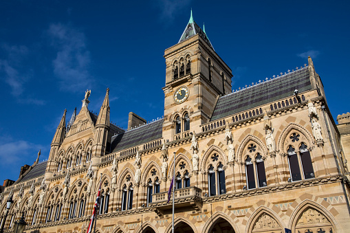 A view of the magnificent architecture of Northampton Guildhall in the town of Northampton, UK.
