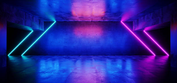 istock Sci Fi Retro Futuristic Dark Empty Grunge Reflective Concrete Underground Room Night Scene With Purple And Blue Neon Tube Lines Lights Background 3D Rendering 1070183196