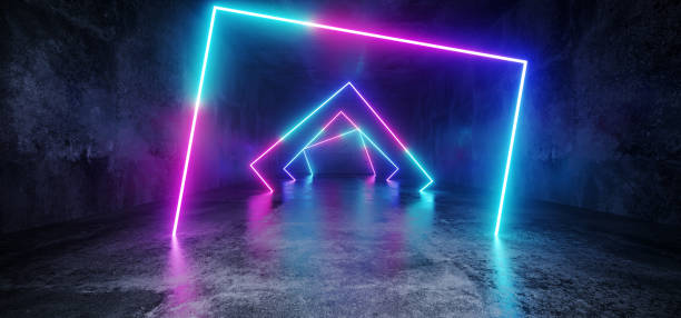 istock Elegant Modern Futuristic Sci Fi Grunge Concrete Reflective Long Empty Tunnel Corridor With Neon Glowing Rectangle Shapes Purple Blue Pink Red Background 3D Rendering 1070183236
