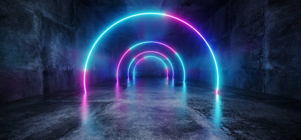 istock Elegant Modern Futuristic Sci Fi Grunge Concrete Reflective Long Empty Tunnel Corridor With Neon Glowing Arc Circle Shapes Purple Blue Pink Red Background 3D Rendering 1070183258