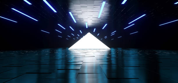 Modern Sci Fi Elegant Futuristic Dark Empty Reflective Roof And Floor And White Triangle Light In Middle With Many Led Blue Lights Background 3D Rendering