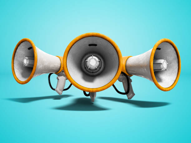 istock Group of speaker speakers white with yellow accents 3D render on blue background with shadow 1070185986