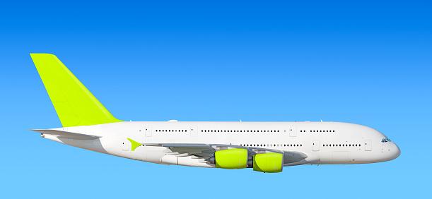 side panoramic detailed gear up exterior view reference isolated on blue sky background air travel transportation green theme