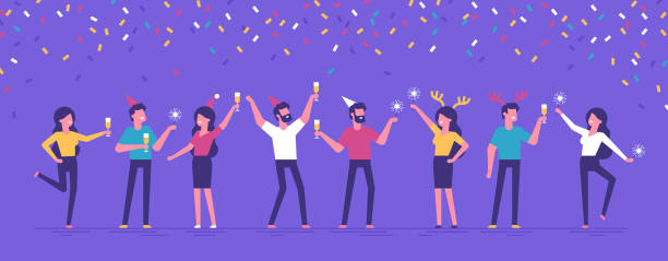 ilustrações de stock, clip art, desenhos animados e ícones de group of happy business people at a christmas and new year's corporate party. positive men and women with champagne and sparklers dancing and having fun. set of modern vector characters. - friends drink