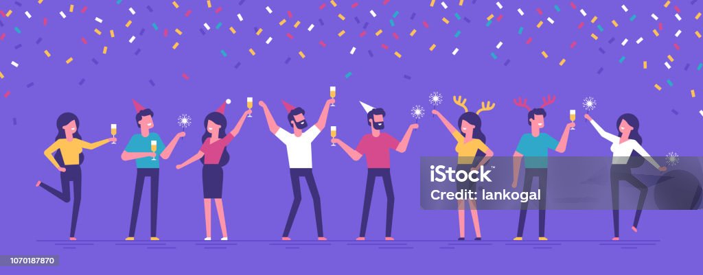 Group of happy business people at a Christmas and New Year's corporate party. Positive men and women with champagne and sparklers dancing and having fun. Set of modern vector characters. Party - Social Event stock vector