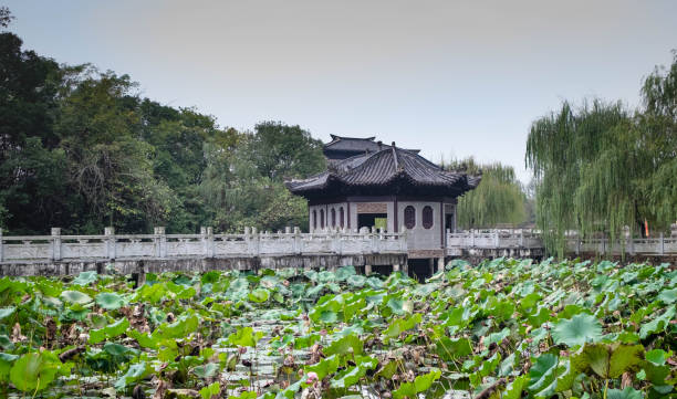 The ancient battle field of The red cliff(Chibi Stone Inscription), Chibi, Hubei/ CHINA - OCT 25, 2018:The ancient battle field of The red cliff(Chibi Stone Inscription),  The old chinese pavillion style made from the granite stone. And the lotus pond. wuxi photos stock pictures, royalty-free photos & images