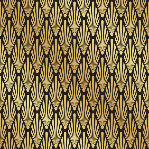 Vector illustration of Seamless black and gold Art Deco palm leaf pattern background