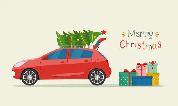 Vector illustration of Gift boxes next to the trunk of the car. Merry christmas stylized typography.   Vector flat style illustration