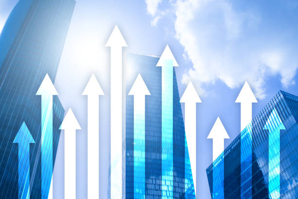 istock Up arrow graph on skyscraper background. Invesment and financial growth concept. 1070188748