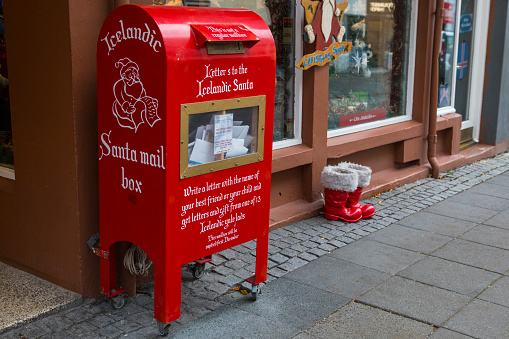 Reykjavik, Iceland - October 11th 2018: A Santa Mail Box for letters to the icelandic Santa Claus, located outside a shop in the city of Reykjavik in Iceland.