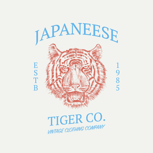 illustrazioni stock, clip art, cartoni animati e icone di tendenza di logo tigre giapponese. gatto asiatico. stampa etichetta grunge. ruggito arrabbiato di un predatore. badge o emblema incisa a mano vecchia t-shirt monocromatica vintage di schizzo del viso. animale selvatico. illustrazione vettoriale. - tiger roaring danger power