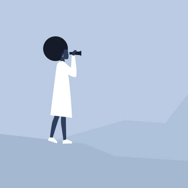 istock Young black african american character looking through the binoculars. Strategic vision. Planning. Looking for an opportunity 1070198672