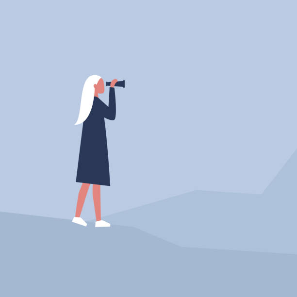 istock Young female character looking through the binoculars. Strategic vision. Planning. Looking for an opportunity 1070198678