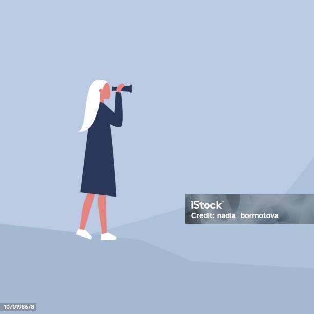 Young Female Character Looking Through The Binoculars Strategic Vision Planning Looking For An Opportunity Stock Illustration - Download Image Now