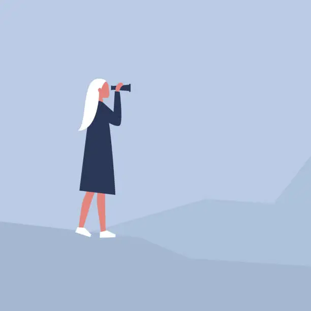 Vector illustration of Young female character looking through the binoculars. Strategic vision. Planning. Looking for an opportunity