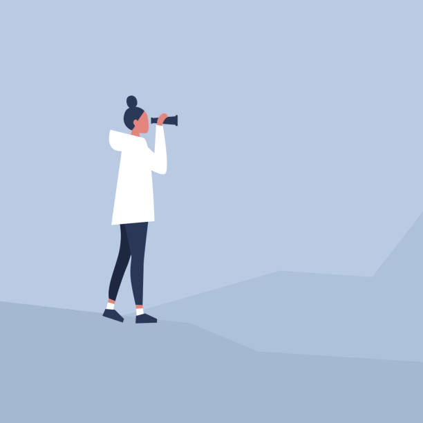 istock Young female character looking through the binoculars. Strategic vision. Planning. Looking for an opportunity 1070198702