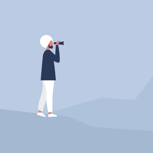 istock Young indian character looking through the binoculars. Strategic vision. Planning. Looking for an opportunity 1070198710