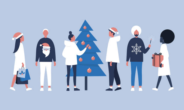 stockillustraties, clipart, cartoons en iconen met een groep mensen vieren kerstmis. jonge volwassenen dragen van santa hoeden, het bezit van cadeaus en het versieren van een kerstboom. plat bewerkbare vectorillustratie, illustraties - christmas people