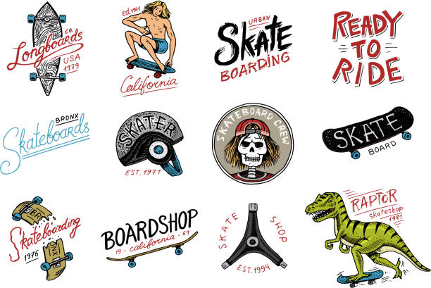 Set of Skateboarding labels logo. Skater Dinosaur tyrannosaur rex rides on the board.. Urban design for badges, emblems t-shirt typography. engraved hand drawn sketch in monochrome vintage style. Set of Skateboarding labels logo. Skater Dinosaur tyrannosaur rex rides on the board.. Urban design for badges, emblems t-shirt typography. engraved hand drawn sketch in monochrome vintage style skating stock illustrations