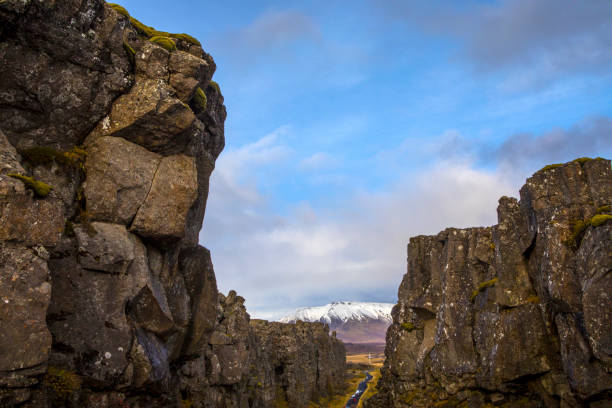 A view in between the North American and Eurasian tectonic plates in the historic Thingvellir National Park in Iceland.