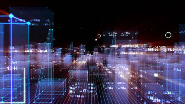 Photo of Technological digital background consisting of a futuristic city with data