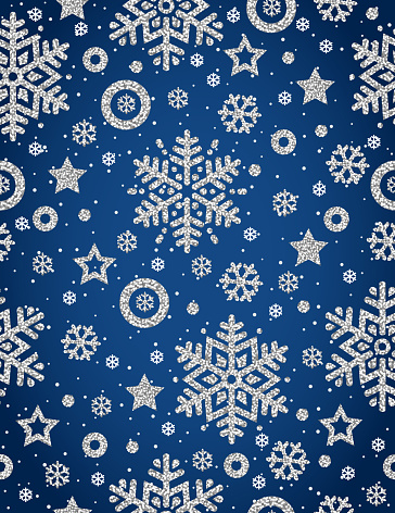 Blue Christmas background with silver glittering snowflakes and stars,  vector illustration
