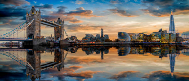 The modern skyline of London during sunset The modern skyline of London during sunset: from the Tower Bridge to London Bridge thames river photos stock pictures, royalty-free photos & images